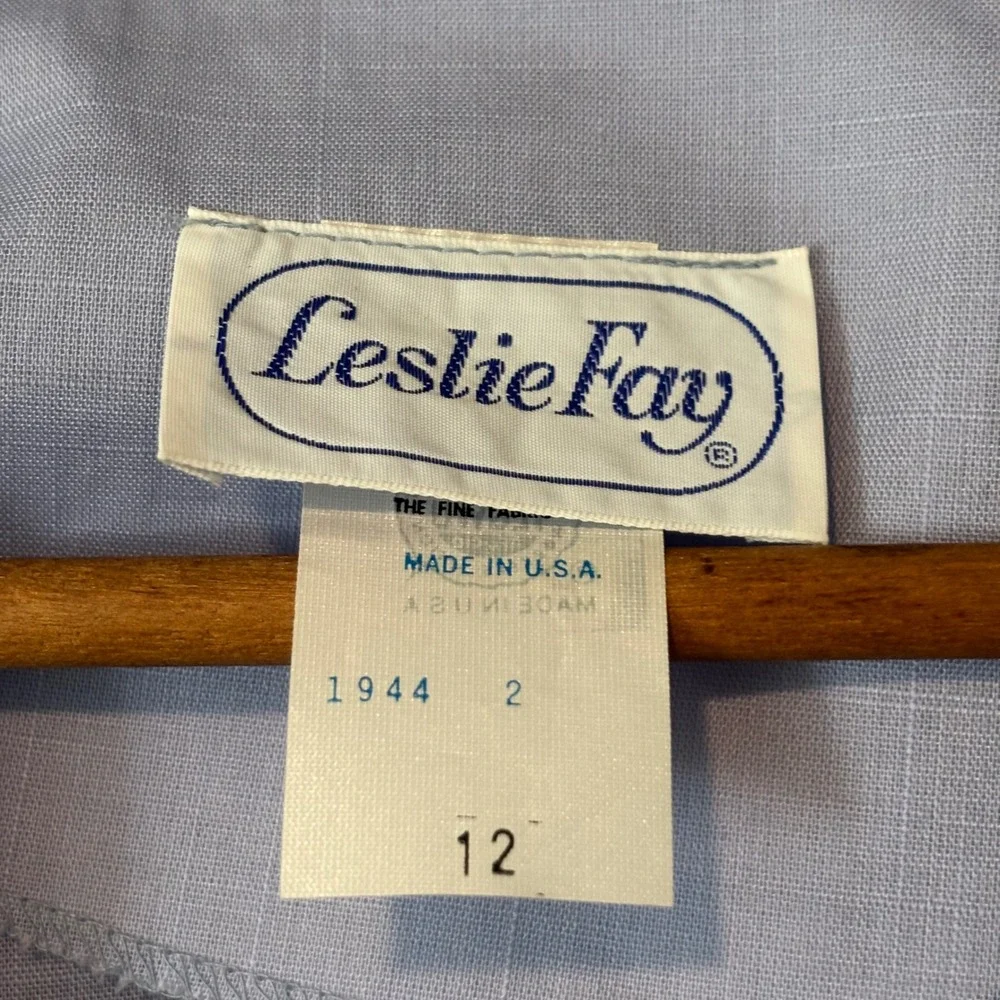 Vintage Leslie Fay Womens 12 2pc Tea Dress Set Blue White Tropical Palm Leaf 80s - Picture 13 of 14